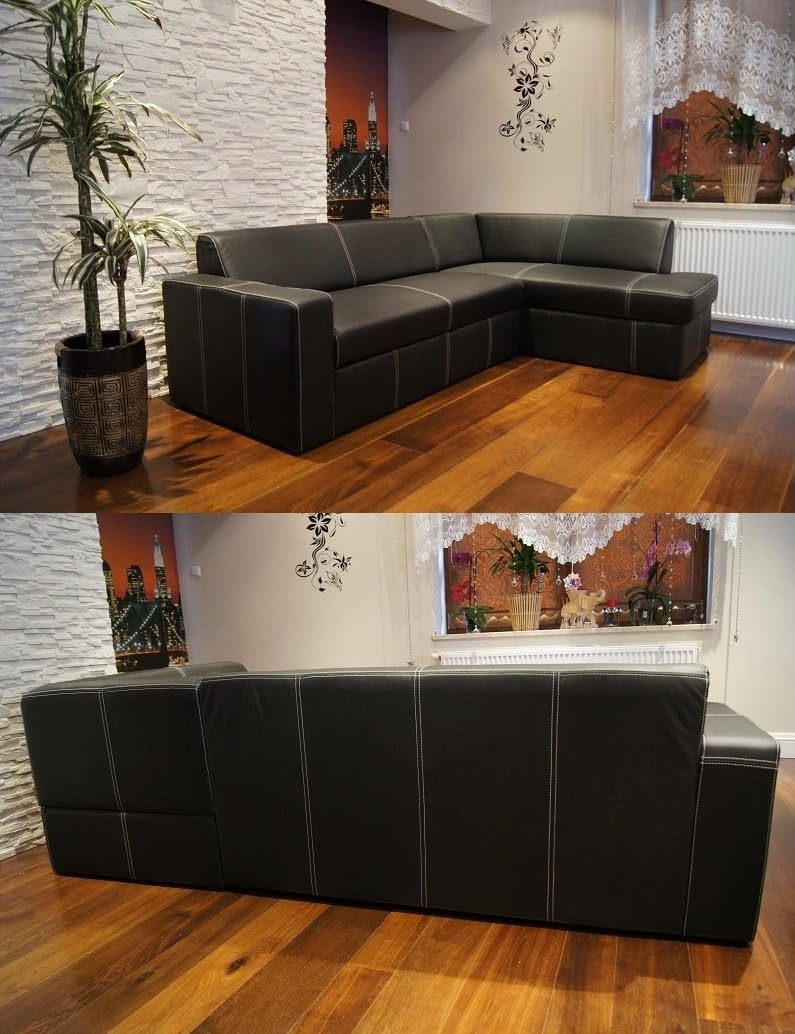 Sofá esquinero de piel auténtica Antalya I 245 x 164 cm negro, cuero con costuras decorativas, sofá con función cama y arcón, sofá esquinero de piel auténtica