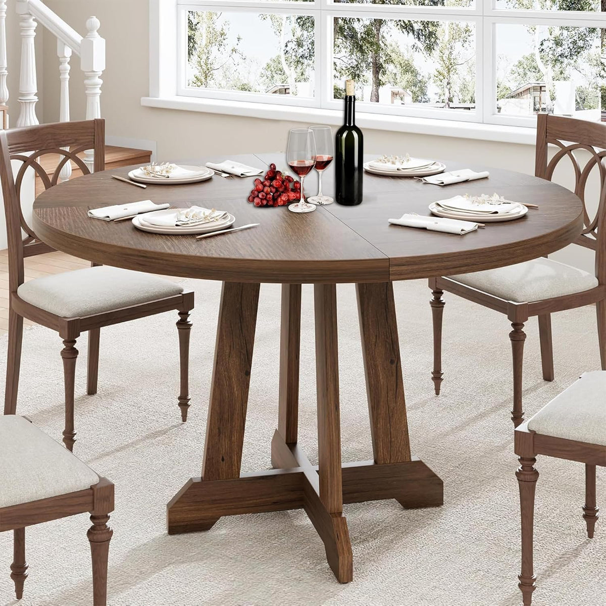 Mesa de comedor redonda para 4-6 personas, mesa de cocina con marco de madera resistente, mesa de comedor que ahorra espacio en diseño industrial, circular, mesas de comedor para café, hogar, cocina, sala de estar (solo mesa), color nogal