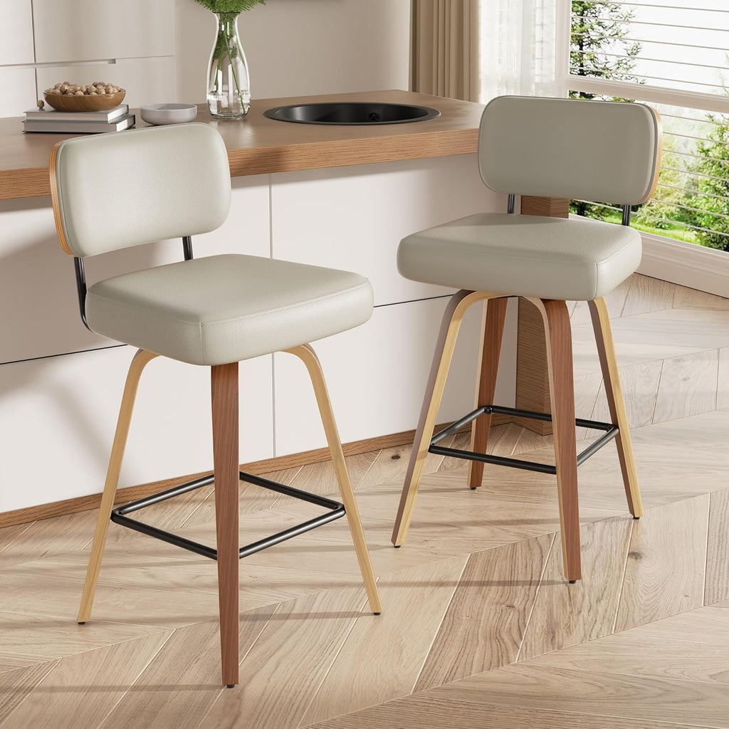Juego de 2 taburetes de bar giratorios con respaldo, altura de asiento de 65 cm, piel sintética y madera maciza, diseño de mediados de siglo con 4 patas y reposapiés, sillas de bar para cocina y bar en gris beige