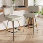 Juego de 2 taburetes de bar giratorios con respaldo, altura de asiento de 65 cm, piel sintética y madera maciza, diseño de mediados de siglo con 4 patas y reposapiés, sillas de bar para cocina y bar en gris beige