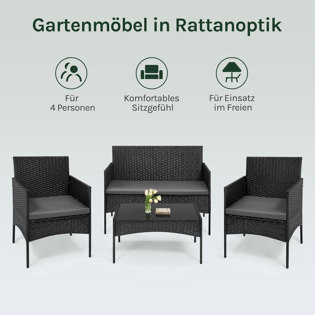 WOLTU Gartenmöbel 4-teilig Set mit 1 Sofa, 2 Sessel, 1 Couchtisch und Kissen Lounge-Möbel Outdoor 2-Sitzer-Bank mit Glas Gartentisch Terrassenmöbel Wetterfest für Garten, Terrassen, Balkon, Schwarz