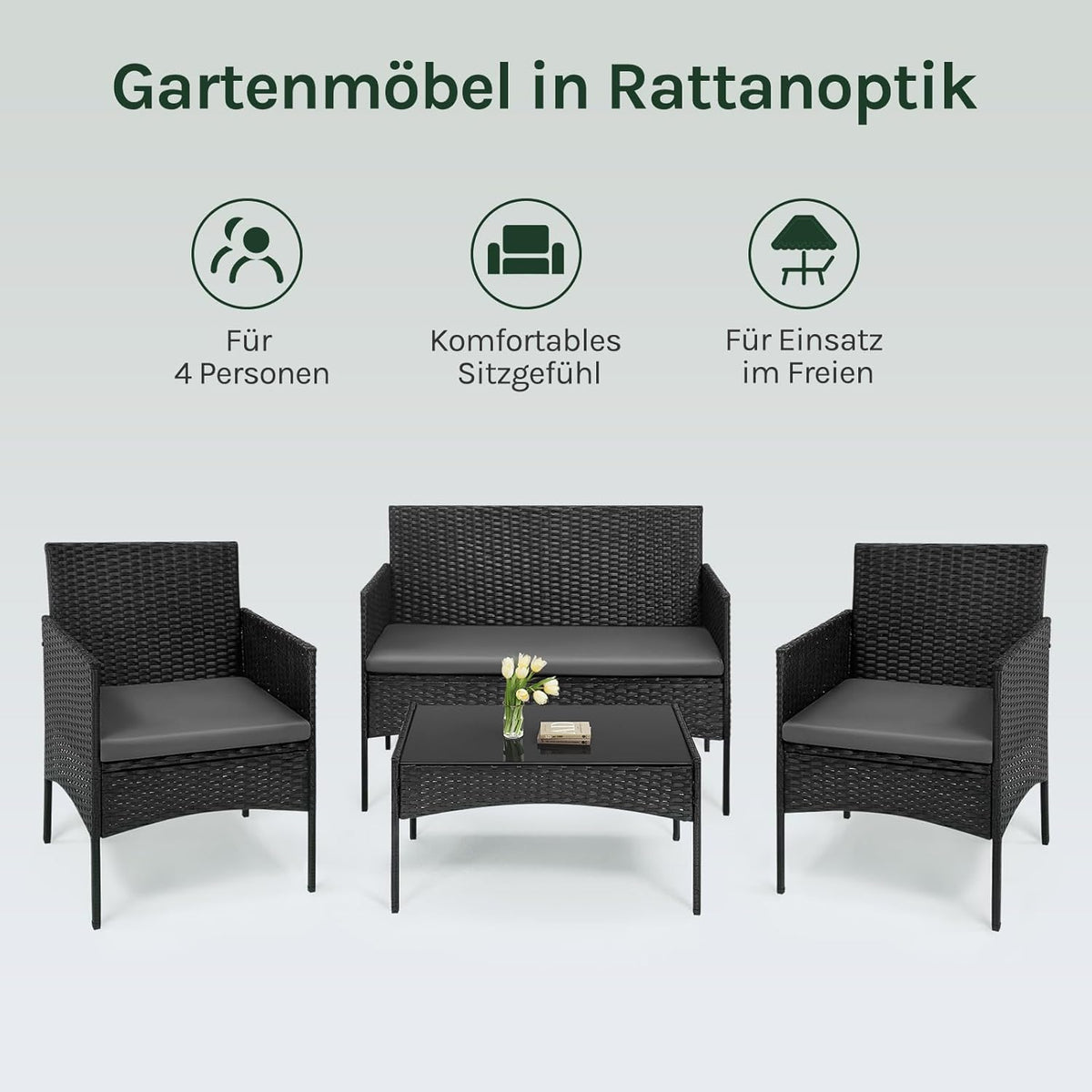 WOLTU Gartenmöbel 4-teilig Set mit 1 Sofa, 2 Sessel, 1 Couchtisch und Kissen Lounge-Möbel Outdoor 2-Sitzer-Bank mit Glas Gartentisch Terrassenmöbel Wetterfest für Garten, Terrassen, Balkon, Schwarz