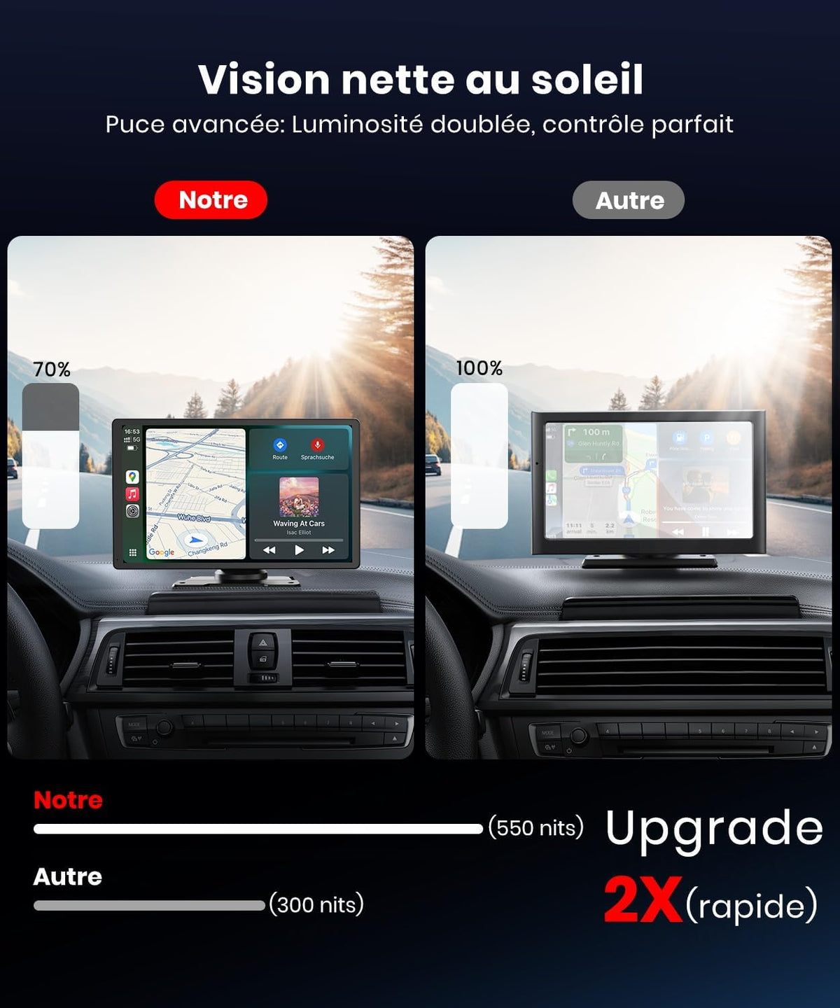 CarPlay Coche 9: Pantalla IPS HD brillante, visibilidad clara de día y de noche. Apple CarPlay y Android Auto inalámbricos, Bluetooth y WiFi 5GHz, navegación GPS, instalación fácil, cámara de marcha atrás (opcional)