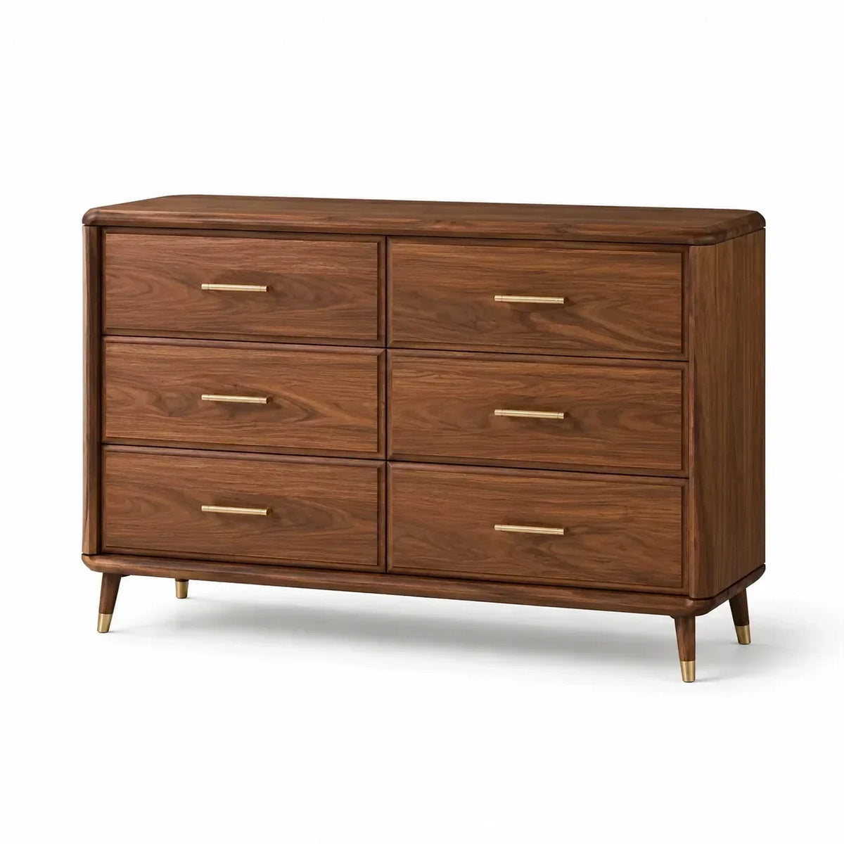 Cómoda de madera de nogal con 6 cajones y tiradores de latón, marrón, 120x40x75 cm