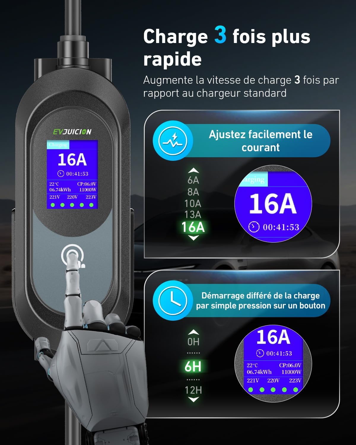EVJUICION Cargador de coche eléctrico de 11 kW CEE trifásico 6A-16A, cargador EV tipo 2 con soporte de pared, pantalla digital, tiempo de carga ajustable [0-12 h], portabilidad, cable de carga tipo 2 de 6 m con bolsa