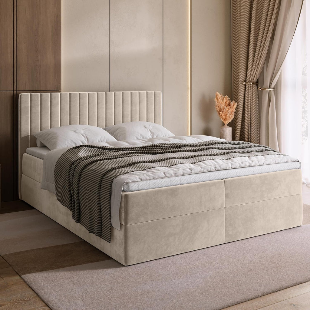 Cama boxspring BROMARKT con arcón, cama tapizada con colchón Bonnell y topper, cama doble con espacio de almacenamiento para dormitorio, cabecero acolchado Dream 140x200, grado de firmeza H3, tejido de terciopelo beige