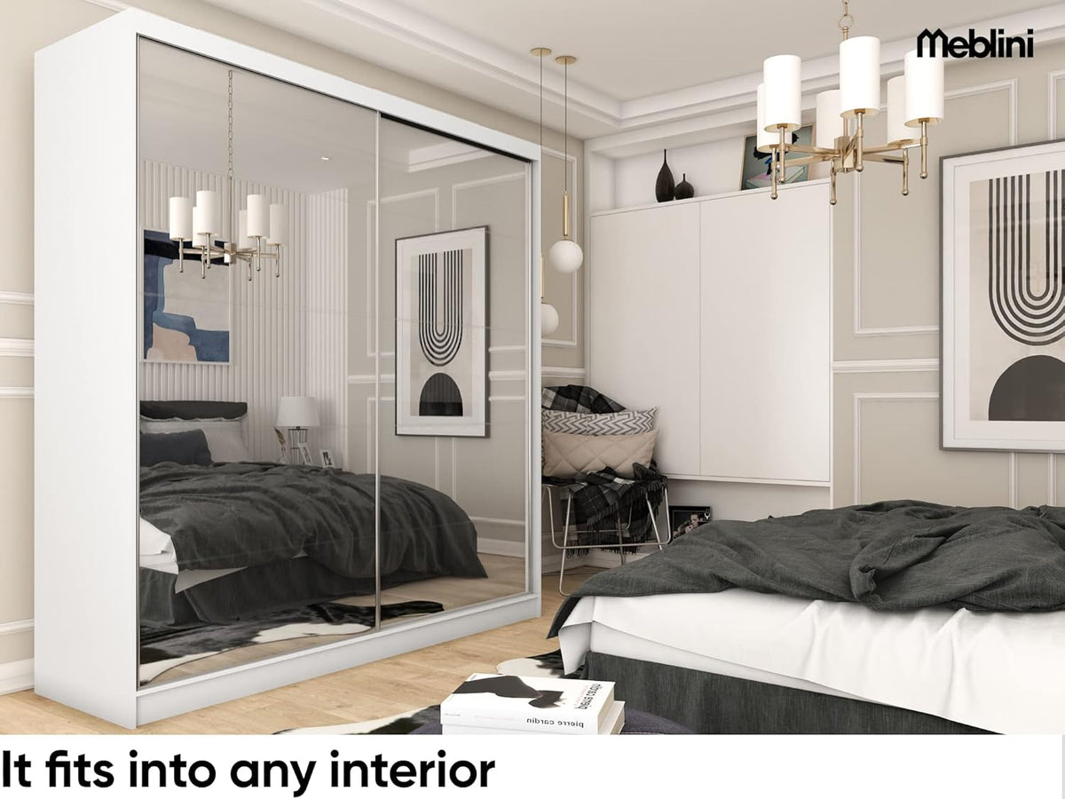 Armario MEBLINI con espejo, 2 puertas - Armario de puertas correderas con barra para colgar ropa - Armario de dormitorio con estantes - Armario ropero - Flores - 200 cm - Blanco + espejo