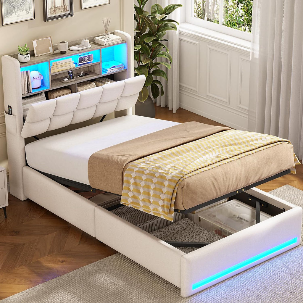 Cama tapizada AOGLLATI 90×200 cm, cama hidráulica con almacenamiento e iluminación LED, cama juvenil con estación de carga, cama individual con cabecero con almacenamiento, tela de lino, sin colchón (beige, 90x200 cm)