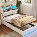 Cama tapizada AOGLLATI 90×200 cm, cama hidráulica con almacenamiento e iluminación LED, cama juvenil con estación de carga, cama individual con cabecero con almacenamiento, tela de lino, sin colchón (beige, 90x200 cm)
