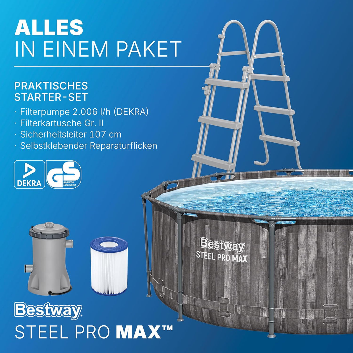 Set de piscina con estructura Bestway Steel Pro MAX con bomba de filtro Ø 366 x 100 cm, efecto madera (roble pantanoso), redonda