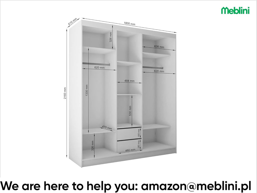 Armario MEBLINI con espejo, 3 puertas - Armario de puertas correderas con barra para colgar ropa - Armario de dormitorio con estantes - Armario ropero - MAKIRA - 180 cm - Blanco/Blanco + espejo