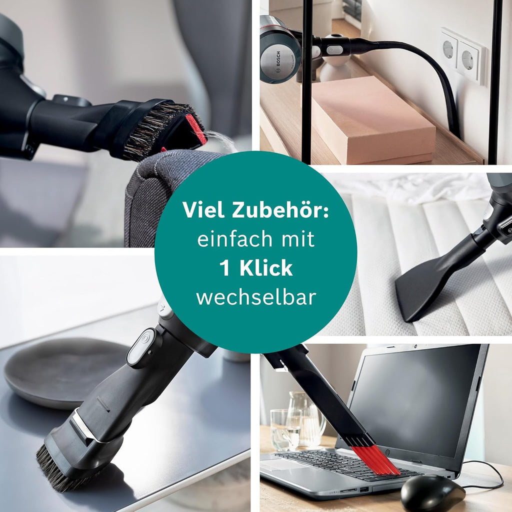 Bosch Akku-Staubsauger Unlimited 7 BCS711A, kabelloser Handstaubsauger, beutellos, Wechselakku, Knickrohr, Hygiene-Filter, 10 Jahre Motorgarantie, Fugendüse, LED-Beleuchtung, Turbostufe, grau