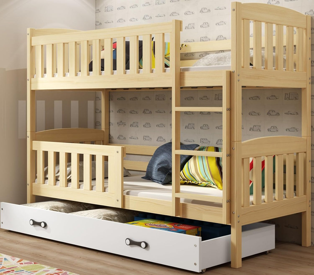 Interbeds Litera 200x90 cm Cama alta Cama doble con cajón Cama de madera de pino Cama infantil Cama juvenil con somier y barrera de seguridad (tono natural, 200x90)