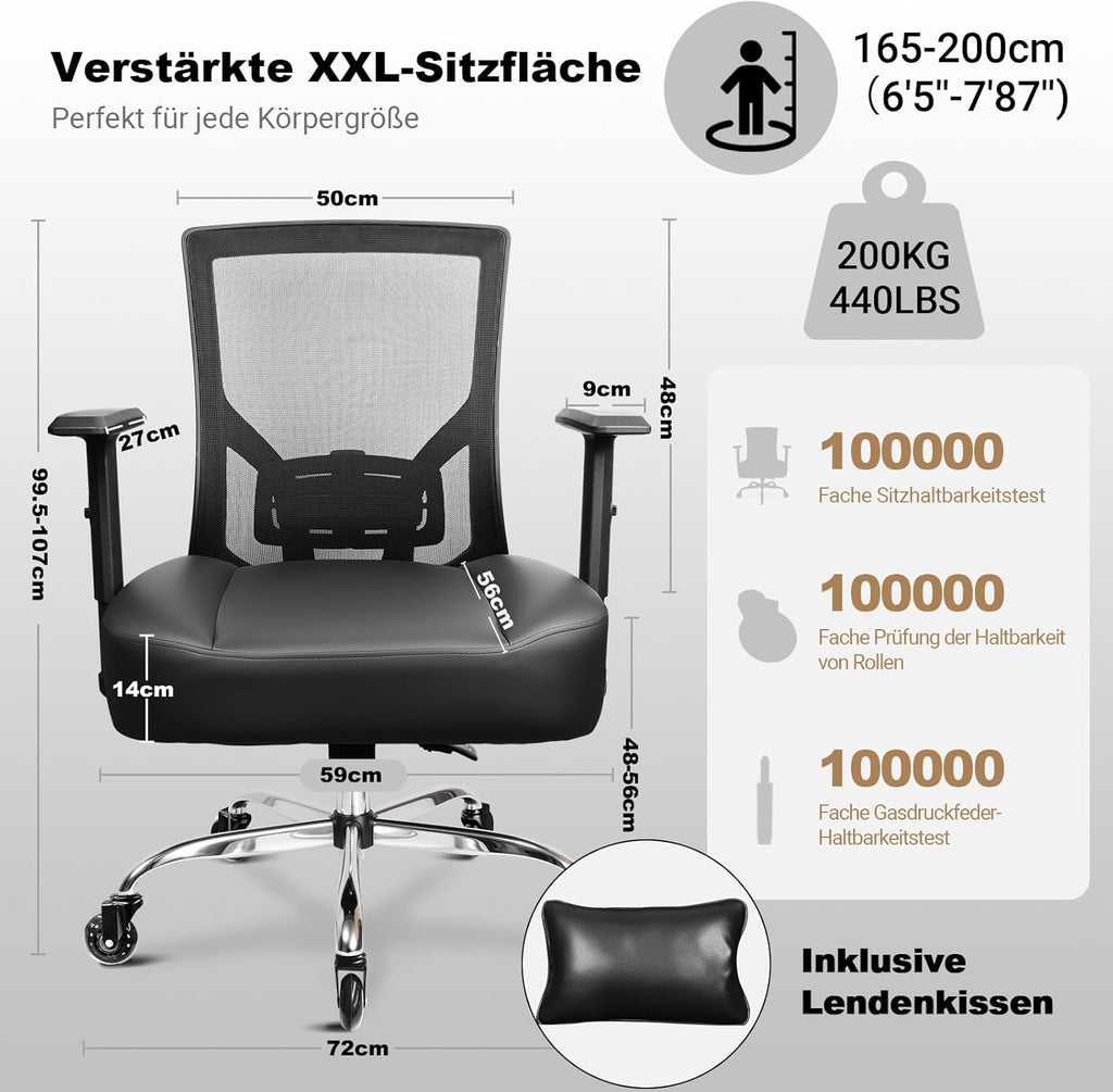 Silla de oficina MELOKEA 200KG XXL, cojín de asiento con muelles ensacados extrancho y extragrueso, ruedas de goma, soporte lumbar ajustable, bloqueo de inclinación continuo, gaming y oficina [cojín lumbar incluido]