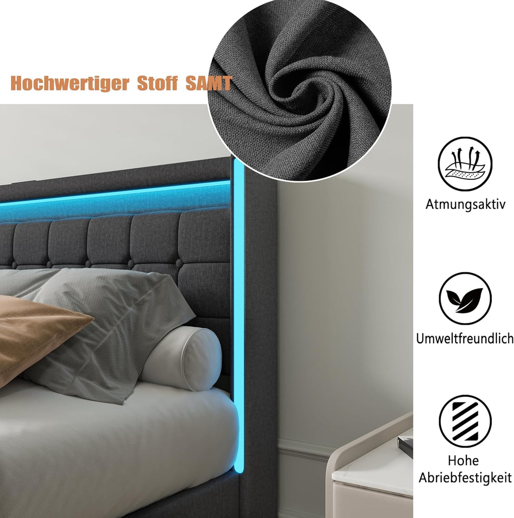 Cama tapizada BRILVERDE 160x200 con almacenamiento, cama doble con USB/LED, cama juvenil con 4 cajones, estructura de cama con somier y cabecero, lino (gris, 160 x 200 cm)