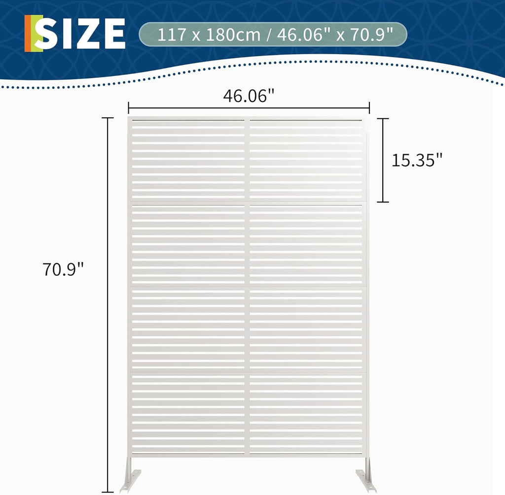 Set de 2 paneles de privacidad de metal, biombo independiente de 180x120 cm, separador de ambientes resistente a la intemperie para jardín, terraza, balcón y decoración exterior, con soporte, acero galvanizado, rayas horizontales blancas