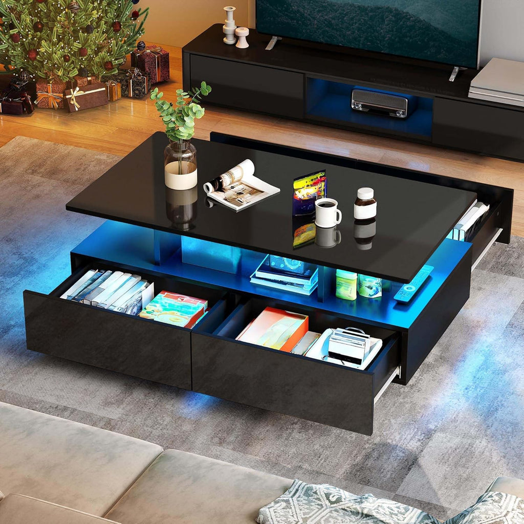 YITAHOME Couchtisch Schwarz, Wohnzimmertisch Hochglanz mit 16-Farbiger LED Beleuchtung Modern, Beistelltisch Schwarz mit Offenem Ausstellungsregal und 4 Ausziehbaren Schubladen 90x55x41,1 cm