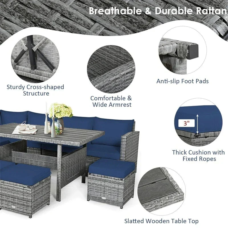 Conjunto de muebles de comedor para patio de 7 piezas de ratán con sofá seccional, mesa de comedor, otomanas y cojines