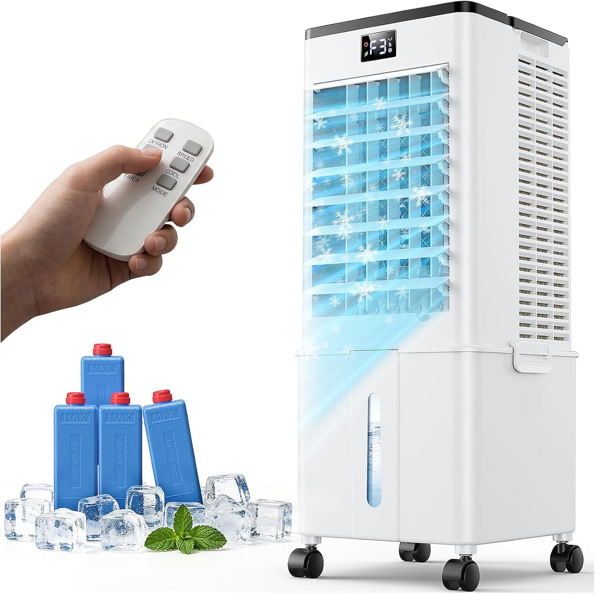 Klimagerät ohne Abluftschlauch 10L, 60W Klimaanlage Mobil, 12H Timer, klimaanlage ohne abluftschlauch 3 Modus, 120°Oszillation, Abnehmbare Wassertank, Tragbarer Luftkühler für Zuhause Büro Perlweiß