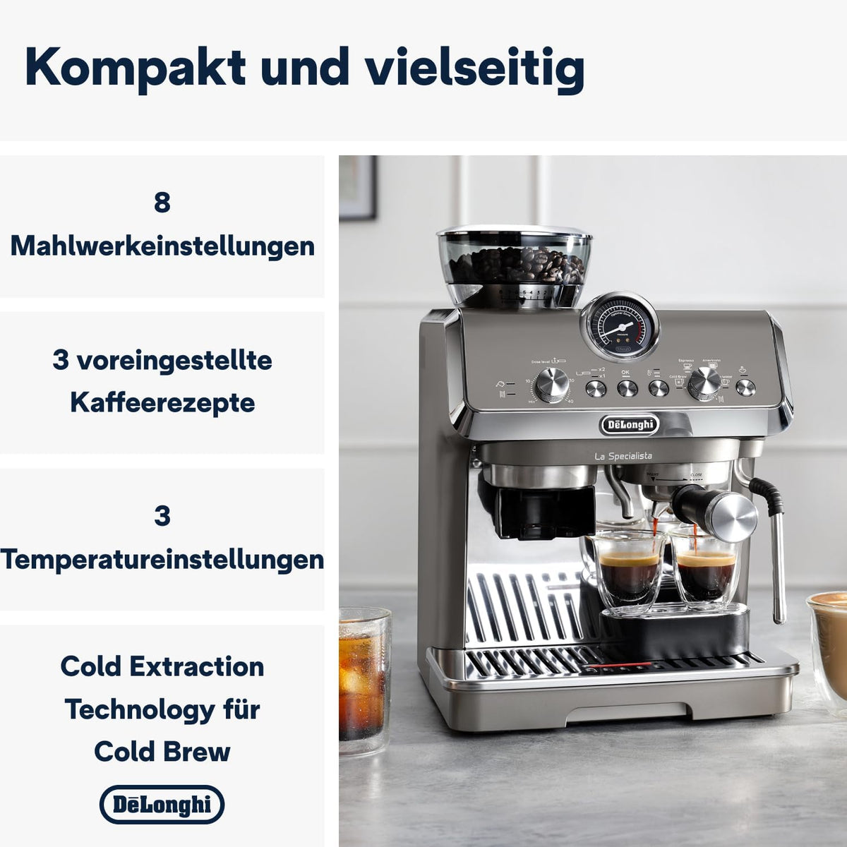 Cafetera espresso De'Longhi La Specialista Arte EC9155.MB con portafiltro y molinillo, 8 niveles de molienda, 15 bares, 3 niveles de temperatura, boquilla para espuma de leche, 1300 W, depósito de 1,5 l, acero inoxidable/negro, incluye kit de barista
