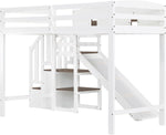 Kinderbett Etagenbett 90x200,Hausbett Hochbett mit Rutsche&Regal&Stauraum Treppe,Bettgestell mit Rausfallschutz&Lattenrost, Funktionsbett Stockbett Spielbett Jugendbett,Kiefernholz,Ohne Matratze,Weiß