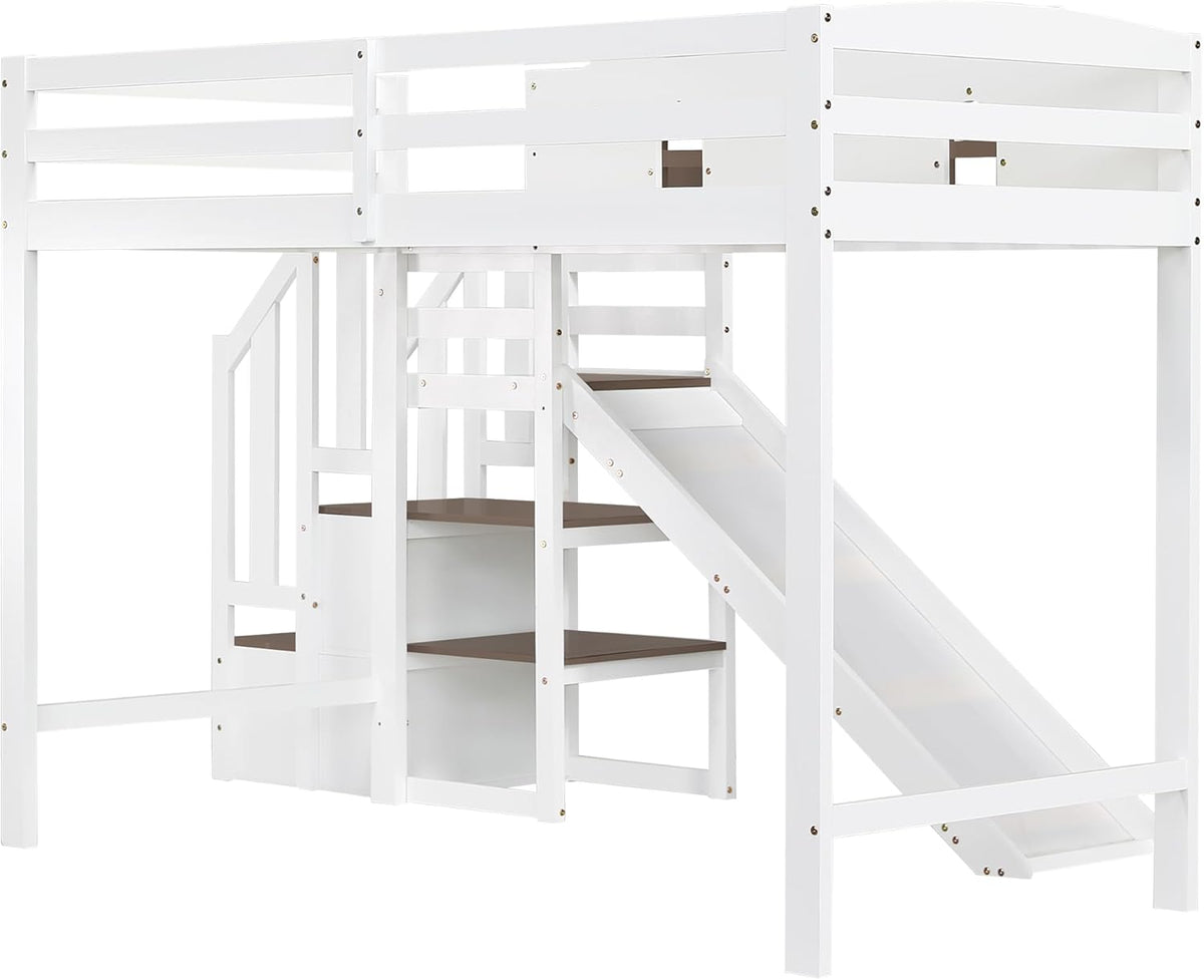 Kinderbett Etagenbett 90x200,Hausbett Hochbett mit Rutsche&Regal&Stauraum Treppe,Bettgestell mit Rausfallschutz&Lattenrost, Funktionsbett Stockbett Spielbett Jugendbett,Kiefernholz,Ohne Matratze,Weiß
