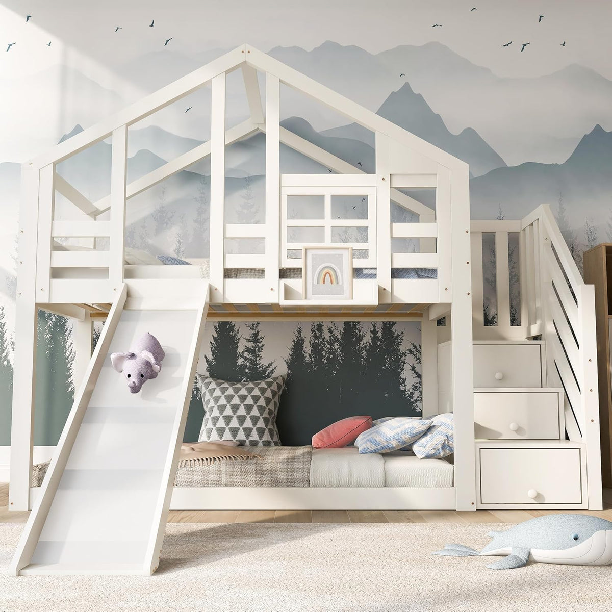Merax Kinderbett Etagenbett 90x200cm Housebett Stockbett Hochbett mit Rutsche,Treppe Staufach Stauraum,Lattenrost,Rausfallschutz,mit Fenster, für 2 Kinder, Ohne Matratze,Weiß/254×96×207cm