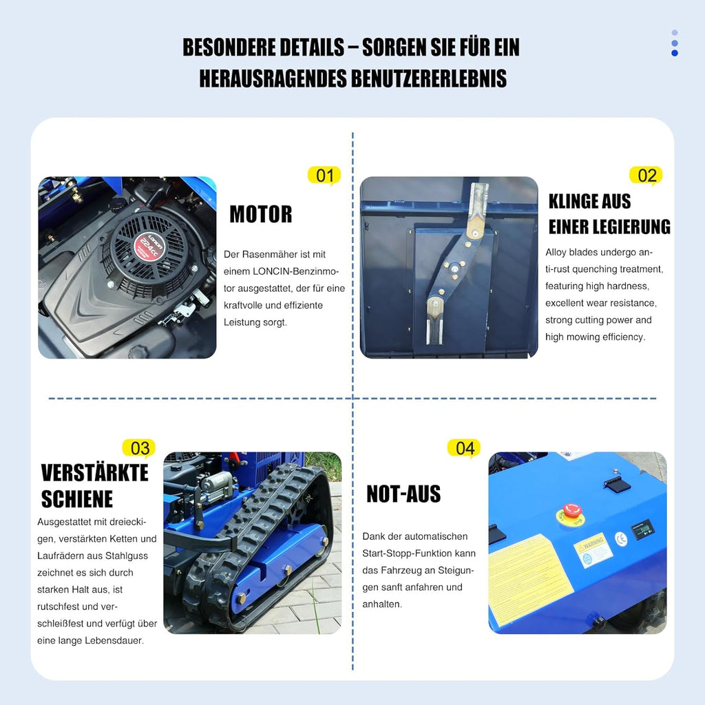 Cortacésped robótico de orugas, teledirigido, 4 × 4, híbrido, gasolina-eléctrico, corte de 21,6 pulgadas, cortacésped RC para pendientes del 100 % (45°) – área de corte de 0,75 acres (modelo con quitanieves)