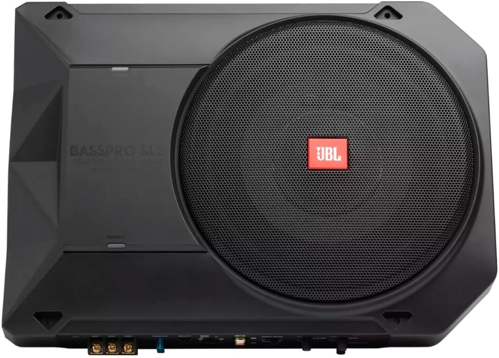 Subwoofer activo para coche JBL BassPro SL2 de 8 pulgadas bajo el asiento - Subwoofer para coche de 125 vatios con amplificador de potencia integrado, negro