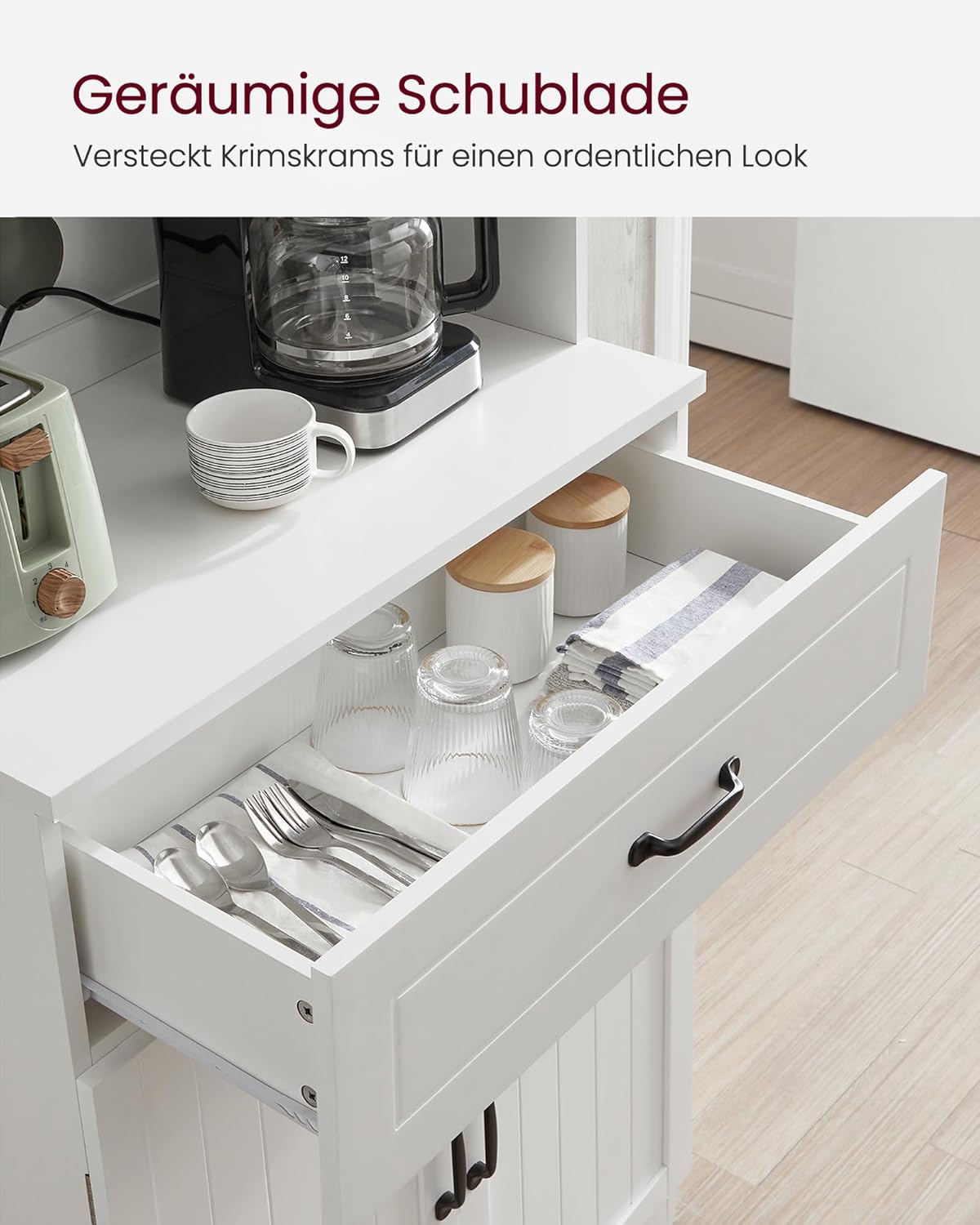 VASAGLE Armario de cocina, armario multiusos, armario de despensa, con estantes ajustables, apto para microondas, cajón, puertas de cristal, orificio para cables, estilo moderno, blanco LSC361W21