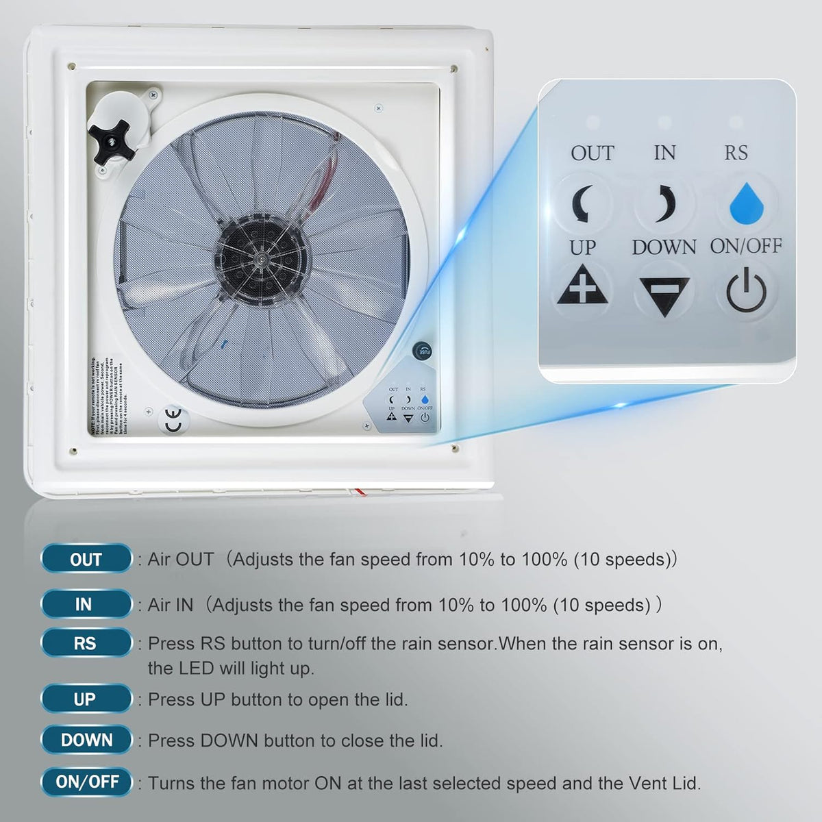 Ventilador de techo para autocaravana Brolteja, extractor de techo de 12V para RV, claraboya de extracción reversible para autocaravana, 40 * 40 cm con protección contra insectos