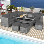 Conjunto de muebles de comedor para patio de 7 piezas de ratán con sofá seccional, mesa de comedor, otomanas y cojines
