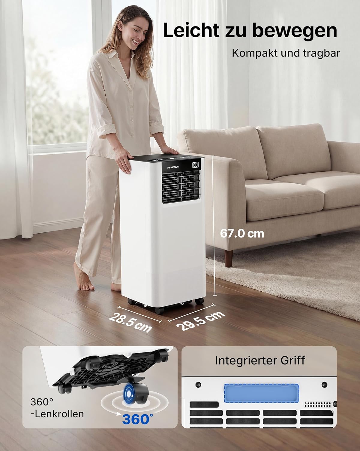 Aire acondicionado portátil 9000 BTU 2,6 kW con tubo de escape | Aire acondicionado móvil 3 en 1 | Sellado de ventanas | Control por APP + mando a distancia | Funcionamiento silencioso | Temporizador 24h | Para habitaciones de hasta 25 m²