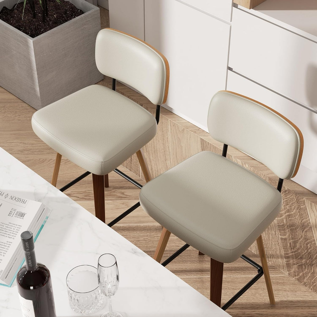 Juego de 2 taburetes de bar giratorios con respaldo, altura de asiento de 65 cm, piel sintética y madera maciza, diseño de mediados de siglo con 4 patas y reposapiés, sillas de bar para cocina y bar en gris beige
