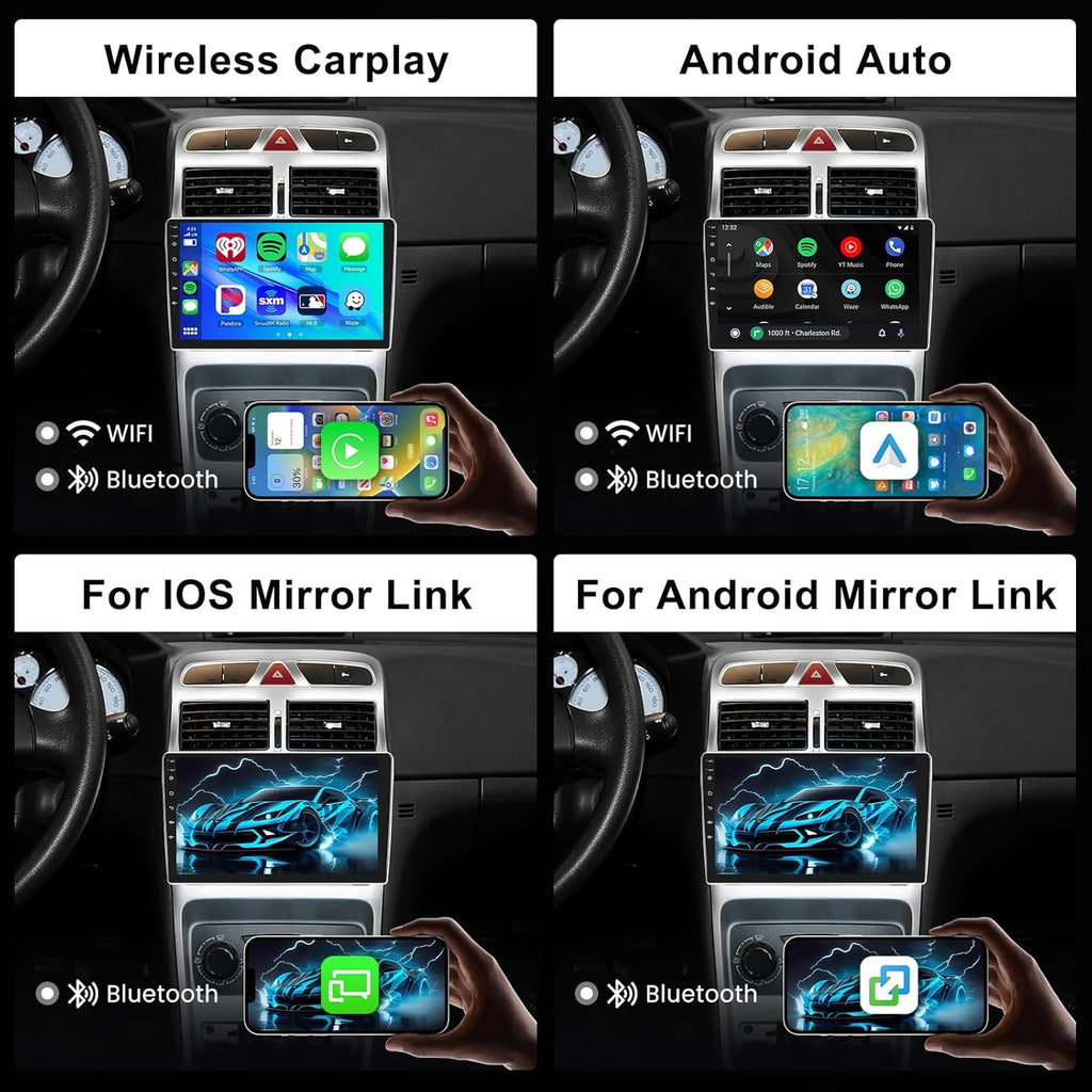 Autorradio Android 2GB 64GB para Peugeot 307 307CC 307SW 2002-2013 con Carplay inalámbrico y Android Auto, pantalla táctil Hodozzy de 9 pulgadas, navegación GPS, Bluetooth, WiFi, radio FM/RDS, SWC, EQ