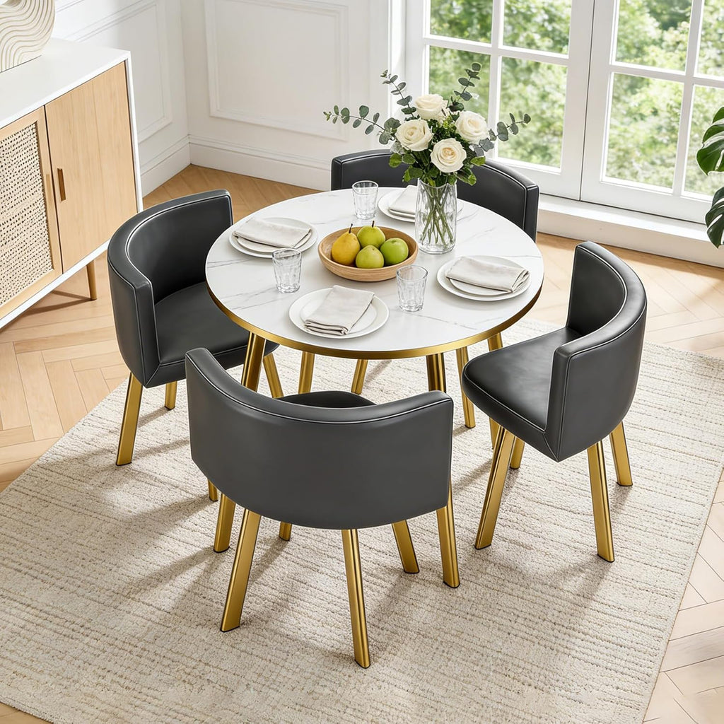 Juego de comedor de 5 piezas, mesa de comedor redonda de 90 cm con 4 sillas, moderna mesa de cocina de MDF con 4 sillas tapizadas para cocina, sala de estar, balcón, restaurante (dorado)