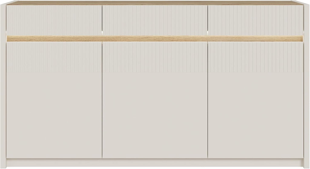 Forte Oak SQUERE Sideboard 160, Elegantes Sideboard mit 3 Türen, Beleuchtung und Lamellendesign, Holzwerkstoff, Mauvella Eiche Dekor/Sand, 160 cm breit x 85,9 cm hoch x 41,5 cm tief