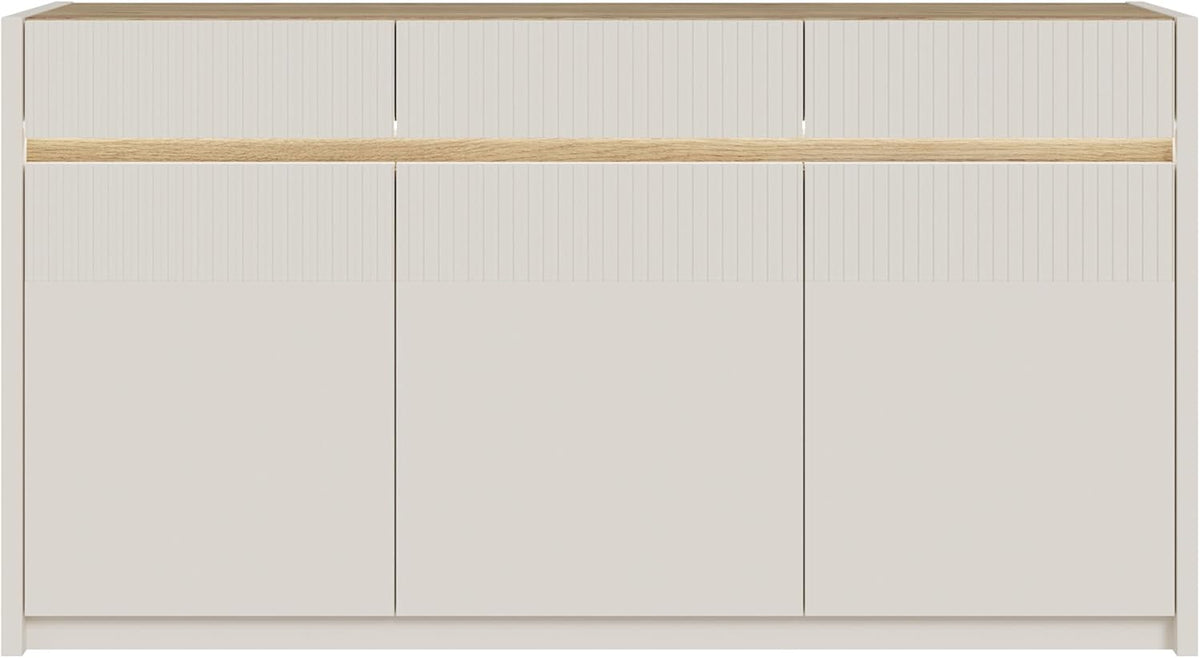 Forte Oak SQUERE Sideboard 160, Elegantes Sideboard mit 3 Türen, Beleuchtung und Lamellendesign, Holzwerkstoff, Mauvella Eiche Dekor/Sand, 160 cm breit x 85,9 cm hoch x 41,5 cm tief