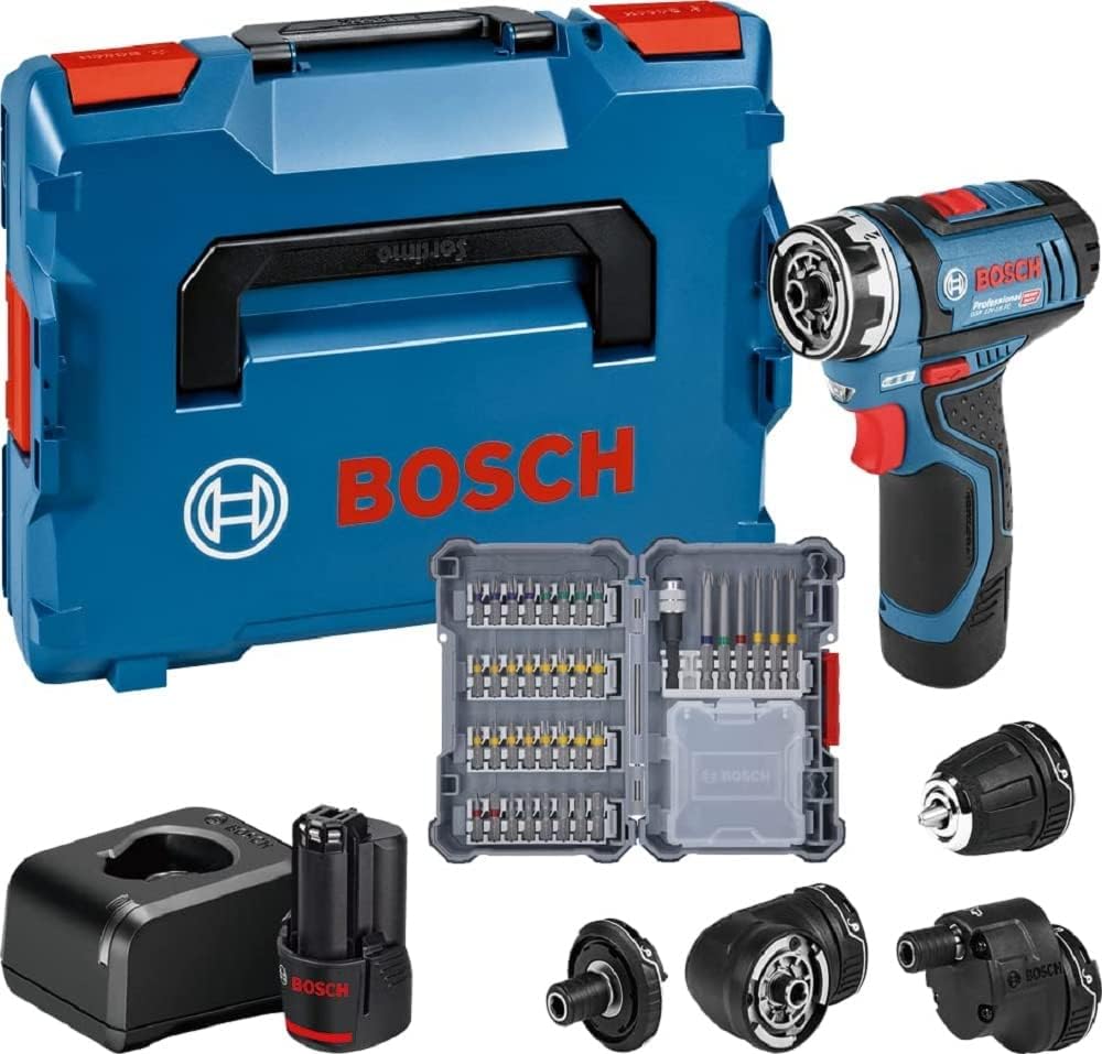 Taladro atornillador a batería Bosch Professional 12V System GSR 12V-15 FC - Sistema FlexiClick (incluye 2 baterías GBA 12V 2.0Ah, cargador, 4 adaptadores, juego de 40 accesorios) - Alimentado por batería