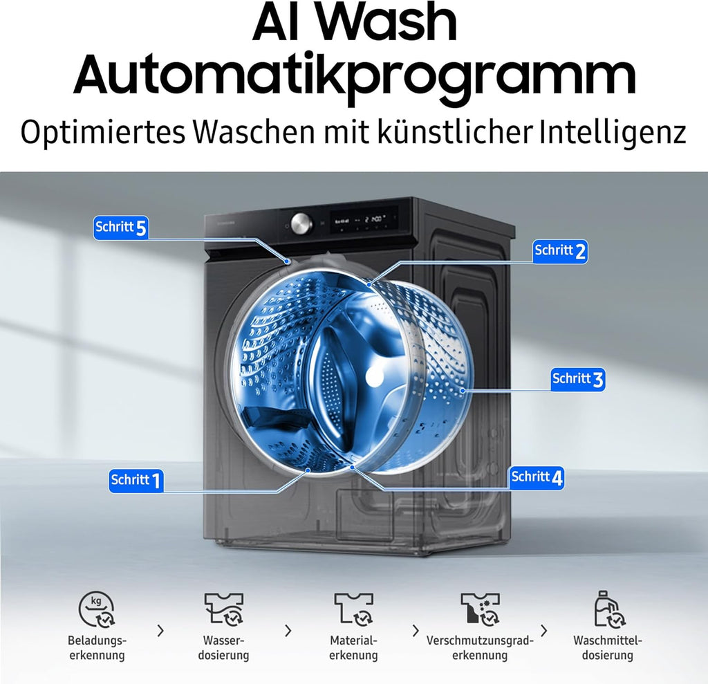 Lavadora Samsung WF90F09C4SU2 Bespoke AI, 9 kg, Clase energética: A (-55%), pantalla táctil de 7 pulgadas, SmartThings Energy Mode, AI Home y AI Wash, Ecobubble, programa de lavado SuperSpeed de 39 min., Dark Steel