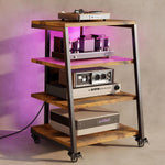 Rack HiFi de madera de 4 niveles con regletas y estante ajustable | Mesa para tocadiscos con ruedas y luces LED, estante para sistema estéreo, soporte multimedia para audio, equipos de sonido, TV, 60x52x78 cm