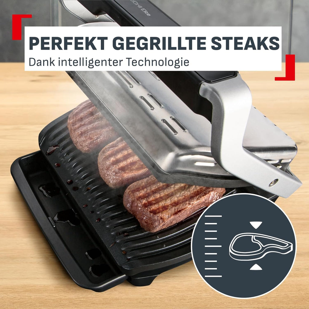 Tefal OptiGrill Elite XL Grill de contacto, 16 programas, pantalla digital con indicador de nivel de cocción, placas XL extraíbles, función Grill Boost, uso intuitivo, parrilla eléctrica, acero inoxidable, GC760D12