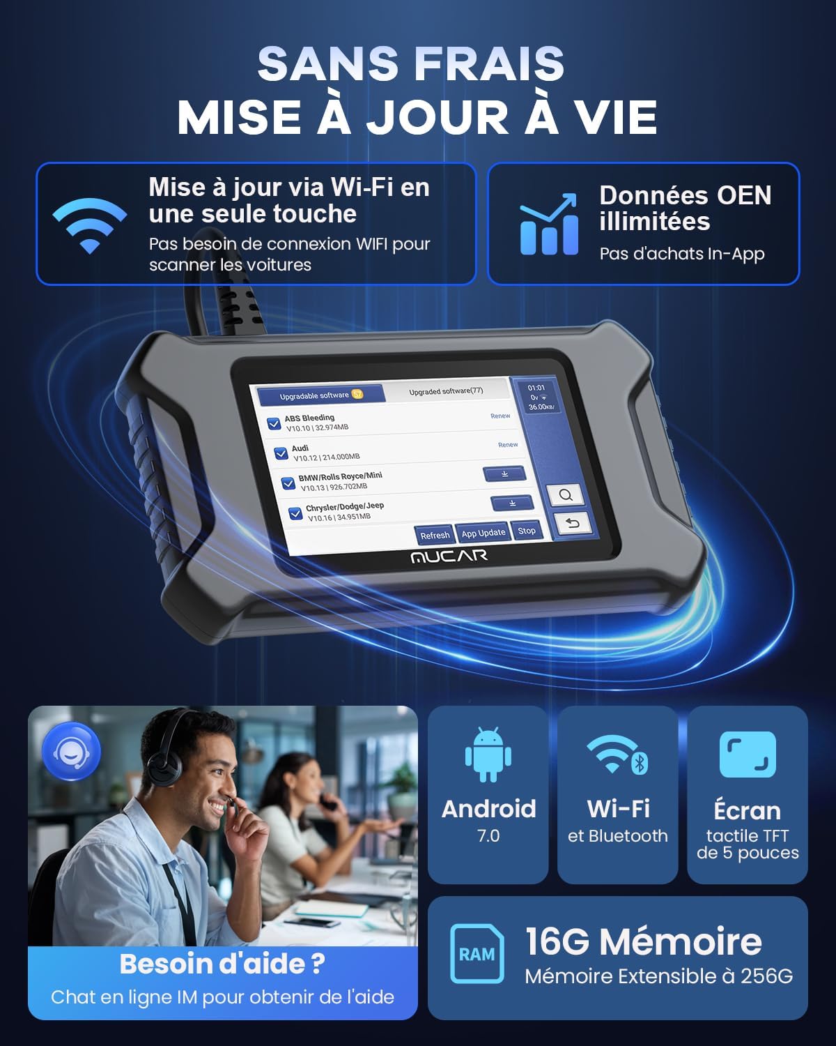Escáner de diagnóstico multimarca mejorado MUCAR CS4, diagnóstico OBD-II en español, lector de códigos ECM, ABS, SRS, TCM para todos los coches, con funciones gratuitas de por vida para aceite, EPB, SAS, TPMS, TBA y ETS.