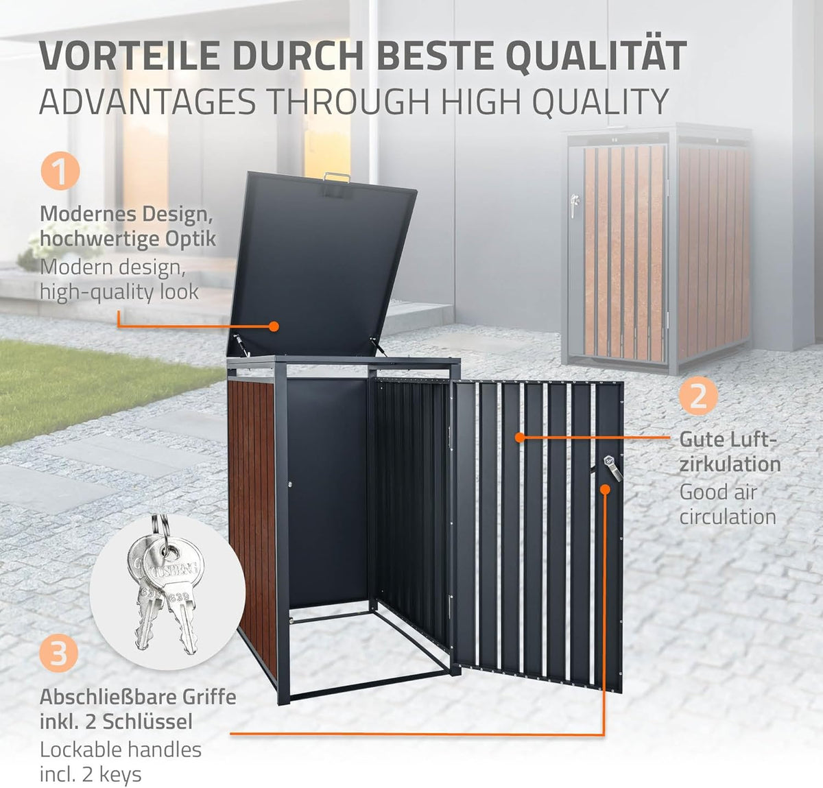 ML-Design Mülltonnenbox 3er 240L, Mülltonnenverkleidung für 3 Mülltonnen, Müllbox wetterfest, Mülltonnenhaus aus Stahl, Müllcontainer mit Deckel, abschließbare Tür, 200x80x116,3 cm Anthrazit-Rostoptik