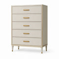 Cómoda de 5 cajones de madera con tiradores de latón, beige