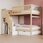 Litera 90x200 para 2 niños, cama alta infantil con escalera, armario de almacenamiento y cajón, cama funcional, litera, cama alta juvenil con 2 somieres, madera maciza, sin colchón, color madera