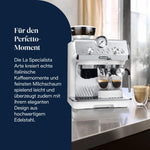 Cafetera de brazo De'Longhi La Specialista Arte EC9155.W, máquina de espresso con molinillo, 8 niveles de molienda, 15 bares, 3 temperaturas, boquilla para espuma de leche, 1550W, depósito de 1,7L, blanca, incluye kit de barista