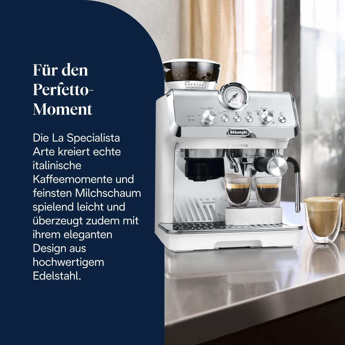 Cafetera de brazo De'Longhi La Specialista Arte EC9155.W, máquina de espresso con molinillo, 8 niveles de molienda, 15 bares, 3 temperaturas, boquilla para espuma de leche, 1550W, depósito de 1,7L, blanca, incluye kit de barista