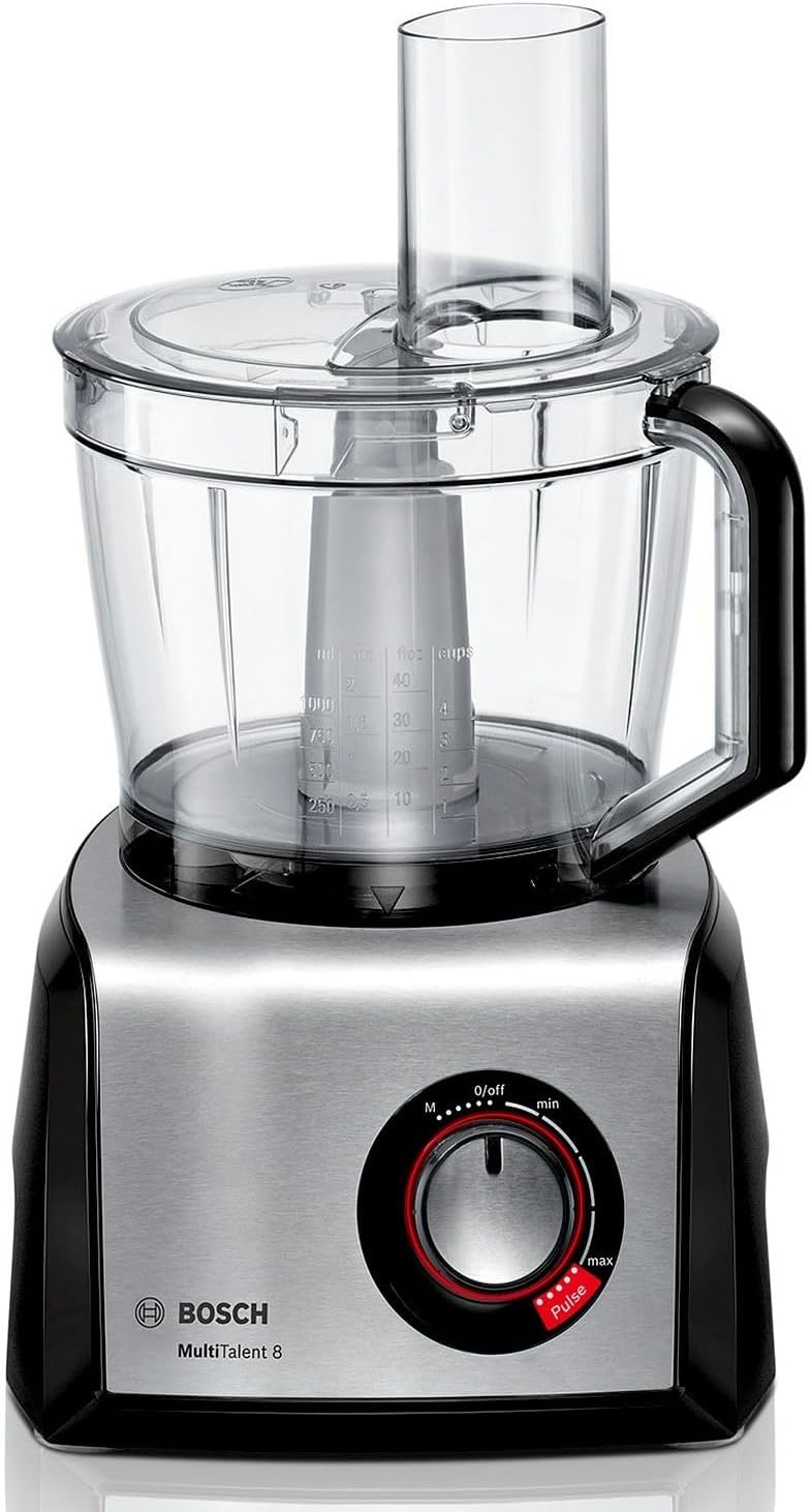 Procesador de alimentos compacto Bosch MultiTalent 8, más de 50 funciones, bol de 3,9 L, batidora de 1,5 L, cuchilla universal, para cortar y rallar (fino, grueso), disco batidor (nata), exprimidor, 1250 W, MC812844