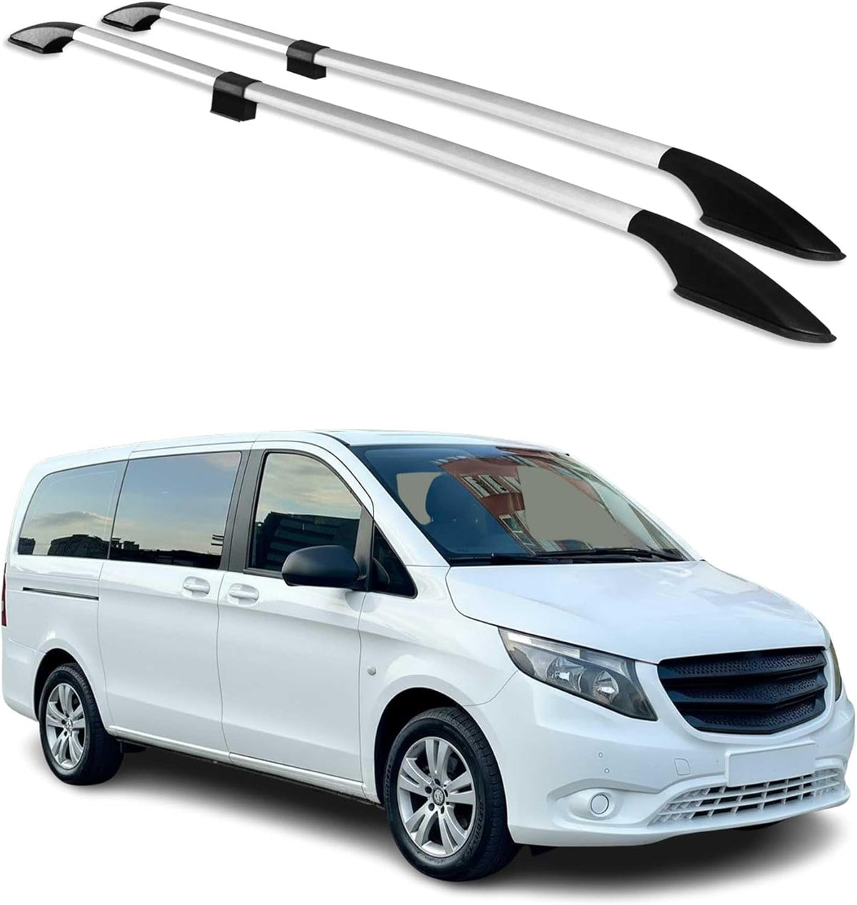 Barras de techo longitudinales para Mercedes Vito W639 W447 2003 a 2023 Distancia entre ejes media L2, rieles de techo longitudinales para coche, gris, capacidad de carga 75 kg